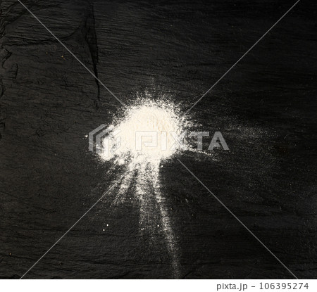 Flour Texture Background, Wheat Flour Pattern with Copy Space, Bakery Banner Mockup, Black Table Plate Flour Texture Background, Wheat Flour Pattern with Copy Space, Bakery Banner Mockup, Black Table Plate 106395274