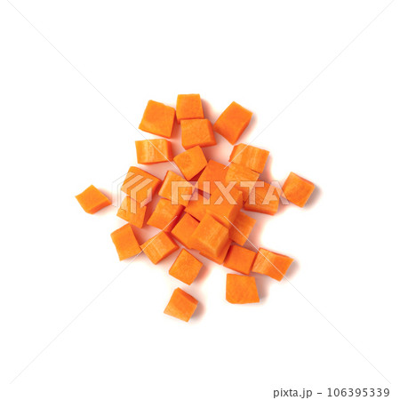 Fresh Diced Carrot, Raw Carrot Cubes Closeup, Chopped Orange Root Vegetable, Diced Carrots Pile 106395339