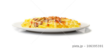 Traditional Italian Egg Pasta, Fettuccine with Chicken, Yellow Pasta with Meat and Tomato Sauce on White Traditional Italian Egg Pasta, Fettuccine with Chicken, Yellow Pasta with Meat and Tomato Sauce on White 106395391