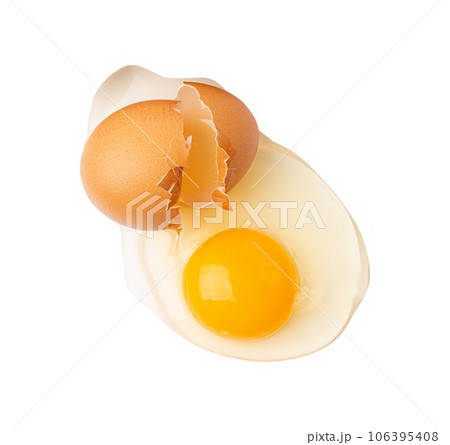 Broken Egg Isolated, Raw Yolk and White, Cracked Brown Shell, Fresh Broken Chicken Eggs on White Background 106395408