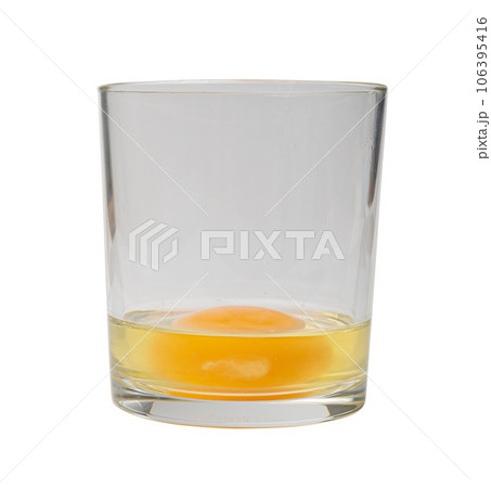 Broken Egg in Glass Isolated, Raw Yolk and White, Cracked Brown Shell, Fresh Broken Organic Chicken Eggs 106395416