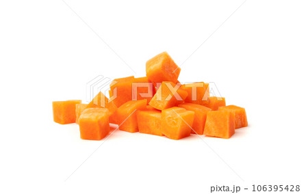 Fresh Diced Carrot, Raw Carrot Cubes Closeup, Chopped Orange Root Vegetable, Diced Carrots Pile 106395428