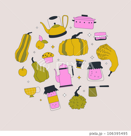 Autumn clipart. Vector flat illustration. Tea, coffee, pumpkins, warmth and comfort set 106395495