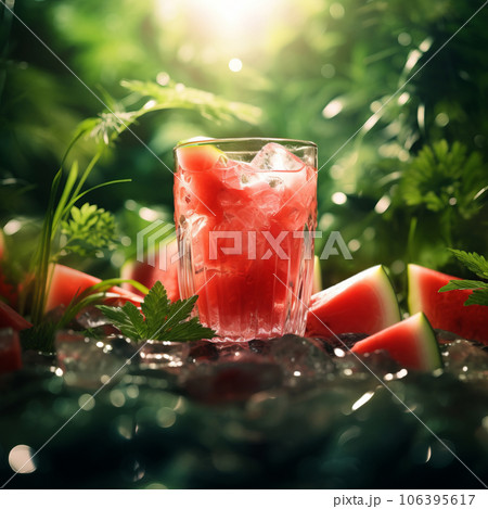 Fresh tropical cocktail with watermelon and ice with tropical trees and plants on a dark mystical background. 106395617