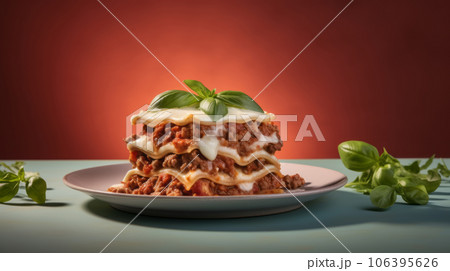 Close-up of a traditional lasagna made with minced beef bolognese sauce topped with basil leafs served on a white plate Close-up of a traditional lasagna made with minced beef bolognese sauce topped with basil leafs served on a white plate 106395626