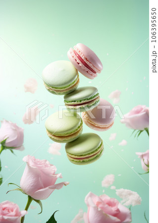 levitating flying macaroons with pink roses composition 106395650