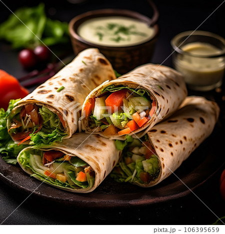 Vegan vegetable wraps, ready to eat, close up 106395659