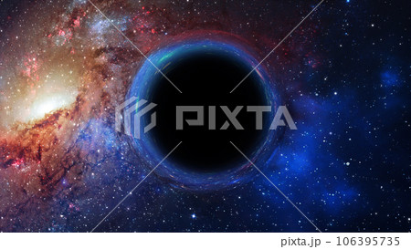 3D rendering of a supermassive black hole against a starry sky 3D rendering of a supermassive black hole against a starry sky 106395735