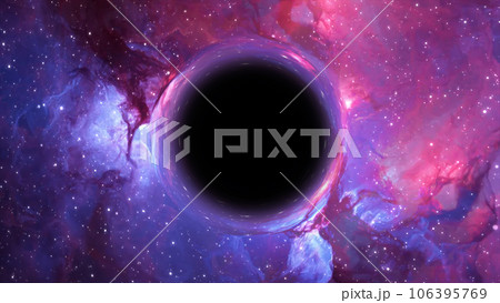3D rendering of a supermassive black hole against a starry sky 3D rendering of a supermassive black hole against a starry sky 106395769