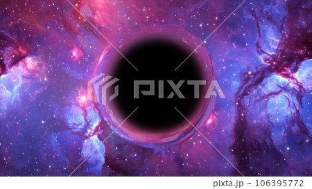 3D rendering of a supermassive black hole against a starry sky 3D rendering of a supermassive black hole against a starry sky 106395772