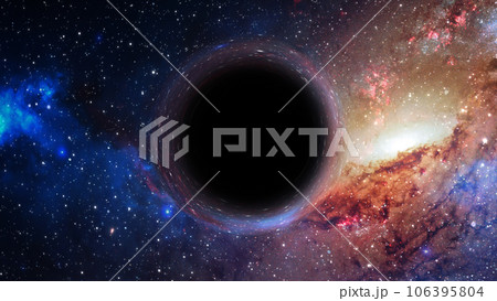 3D rendering of a supermassive black hole against a starry sky 3D rendering of a supermassive black hole against a starry sky 106395804