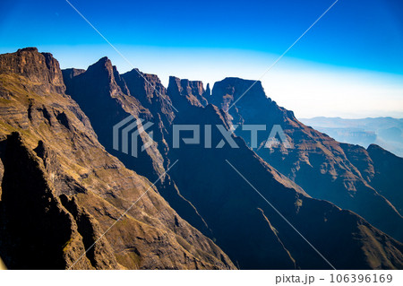 Aerial view of Cathedral Peak in Drakensberg mountains, at the Lesotho border in KwaZulu-Natal 106396169