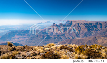 Aerial view of Cathedral Peak in Drakensberg mountains, at the Lesotho border in KwaZulu-Natal 106396241