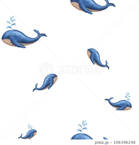 Swimming blue whales. Seamless pattern isolated on white. Sperm whale breathe producing water splashes. Background with soft watercolor stains. For textile, print, wrapping. Cartoon style. 106396298