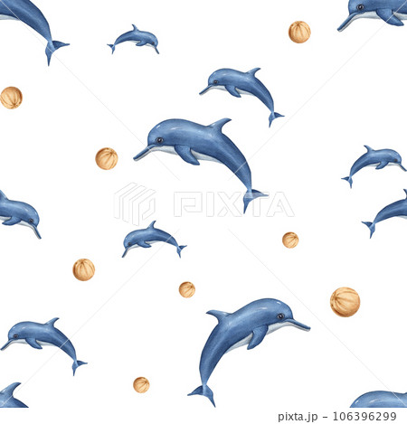 Jumping dolphins playing with ball. Seamless pattern with sea animals. Watercolor illustration on white background. Flock of dolphins. For textile, print, wrapping. Cartoon style. 106396299