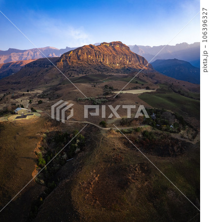 Aerial view of Cathedral Peak in Drakensberg mountains, at the Lesotho border in KwaZulu-Natal 106396327