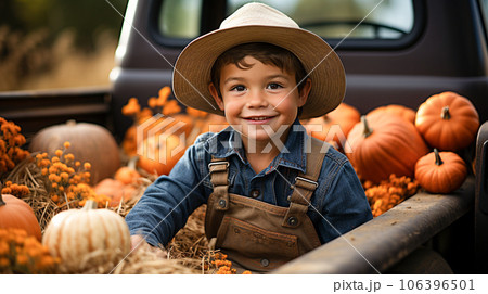 Delighted smiling young boy wearing overalls and a cowboy hat sitting in the back of a truck filled with hay and pumpkins - generative AI. Delighted smiling young boy wearing overalls and a cowboy hat sitting in the back of a truck filled with hay and pumpkins - generative AI. 106396501