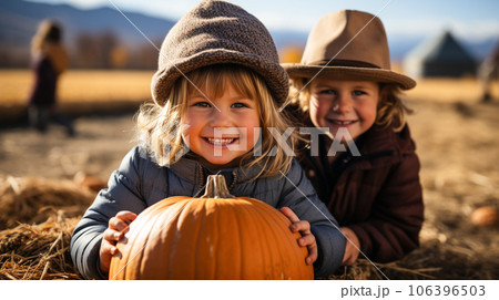Happy young children showing off their large ripe fall pumpkin at the pumpkin patch - generative AI. Happy young children showing off their large ripe fall pumpkin at the pumpkin patch - generative AI. 106396503