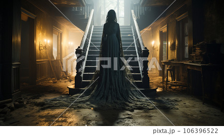 Eerie haunting ghostly silhouetted female figure in front of stairs in a haunting abandoned spooky house on Halloween night - generative AI. 106396522