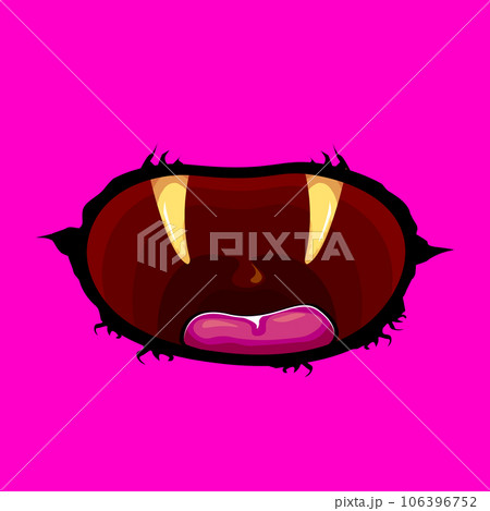 Vector cartoon funny zombie monster open mouth with rotten teeth isolated on pink background. Vector Halloween greeting card with funne pink monster mouth. Cartoon vampire and witch fangs Vector cartoon funny zombie monster open mouth with rotten teeth isolated on pink background. Vector Halloween greeting card with funne pink monster mouth. Cartoon vampire and witch fangs 106396752