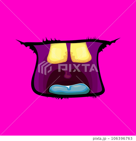 Vector cartoon funny zombie monster open mouth with rotten teeth isolated on pink background. Vector Halloween greeting card with funne pink monster mouth. Cartoon vampire and witch fangs 106396763