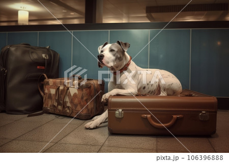A big white dog sitting on suitcases lying indoors at the airport A big white dog sitting on suitcases lying indoors at the airport 106396888