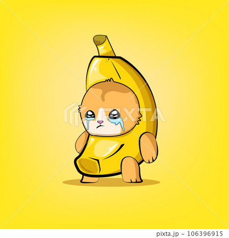 Banana Cat meme vector isolated on yellow background. Funky crying Sad banana cat meme cartoon vector sticker, label and icon for printing on t shirt 106396915