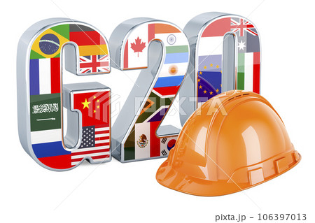 G20 with orange hard hat, 3D rendering G20 with orange hard hat, 3D rendering 106397013