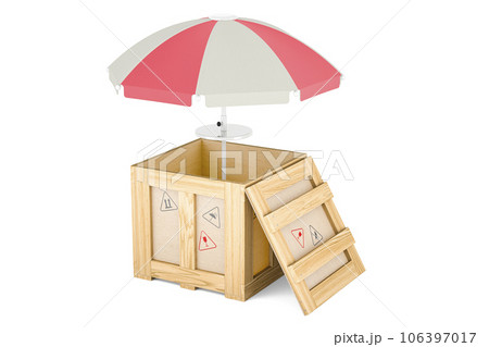 Beach umbrella inside wooden box, delivery concept. 3D rendering Beach umbrella inside wooden box, delivery concept. 3D rendering 106397017