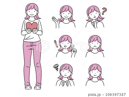 ハートを持った笑顔の女性と表情セット 106397387
