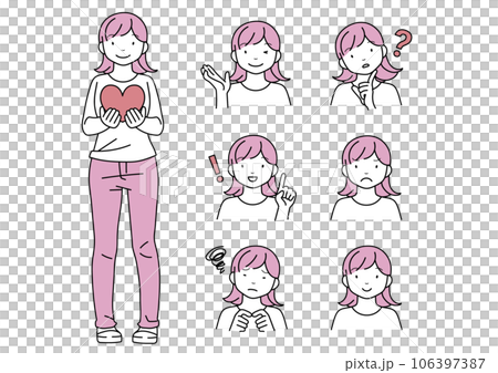 ハートを持った笑顔の女性と表情セット 106397387