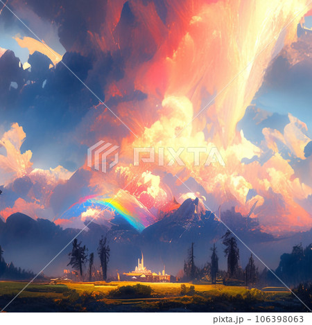 【AI生成画像】大きな雲と虹と山と草原、うっすら建築物も見える風景のイラスト 【AI生成画像】大きな雲と虹と山と草原、うっすら建築物も見える風景のイラスト 106398063