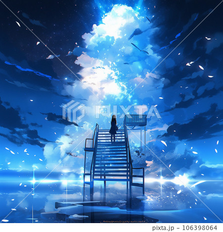 【AI生成画像】空と雲と階段のある風景に後ろ姿の女性のあるイラスト 106398064