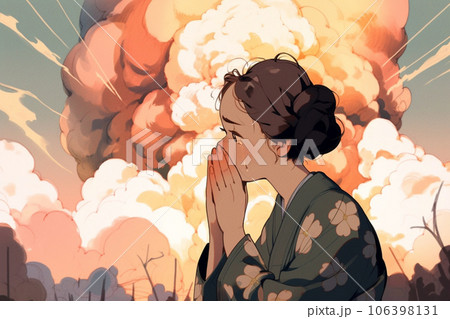 【AI生成画像】キノコ雲に思いを馳せ涙する女性のイラスト 【AI生成画像】キノコ雲に思いを馳せ涙する女性のイラスト 106398131