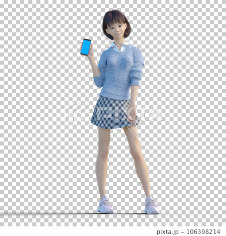 展示智能手機燙髮的女學生3DCG插畫素材 106398214