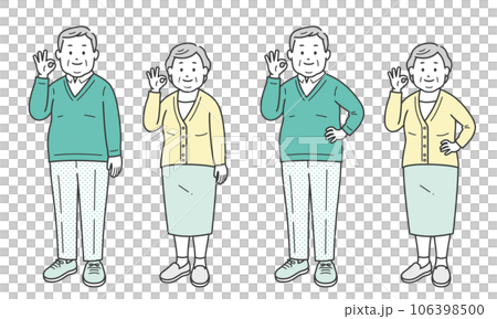 Elderly small overweight man and woman giving OK sign 106398500