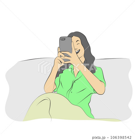 smiling woman using smartphone on her bed illustration vector hand drawn isolated on white background 106398542