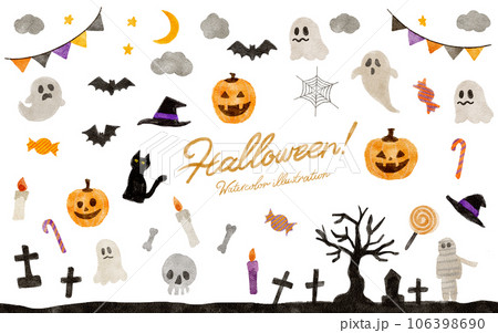 ハロウィーンのモチーフセットの水彩画イラストセット 106398690