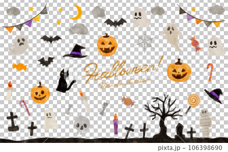 ハロウィーンのモチーフセットの水彩画イラストセット 106398690