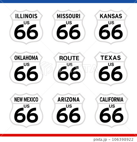 ROUTE66 ルート66 8州の標識 白黒 106398922