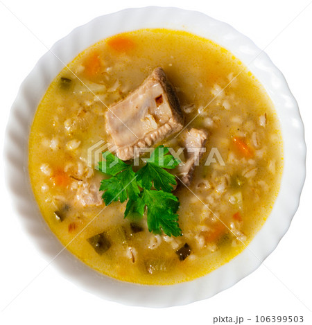 National Russian dish is Pickle soup with meat, cooked on basis of pickled cucumbers and pearl barley National Russian dish is Pickle soup with meat, cooked on basis of pickled cucumbers and pearl barley 106399503