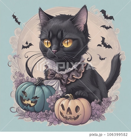 ハロウィンを楽しみにしている黒猫 AI画像 のイラスト素材 [106399582