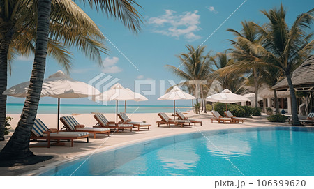 Luxury tropical resort with swimming pool and loungers umbrellas. Sea with blue sky in background 106399620