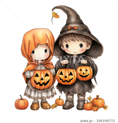 Kawaii children holding jack o lanterns in their arm in Halloween festival AI Generative Kawaii children holding jack o lanterns in their arm in Halloween festival AI Generative 106399715