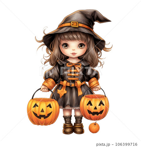 Kawaii children holding jack o lanterns in their arm in Halloween festival AI Generative Kawaii children holding jack o lanterns in their arm in Halloween festival AI Generative 106399716