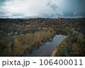 Above aerial shot of green pine forests and yellow foliage groves with beautiful texture of golden treetops. Beautiful fall season scenery in evening. Mountains in autumn colors in golden time 106400011