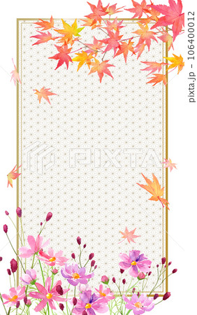 秋の縦型フレームデザイン。紅葉の枝とコスモスとワレモコウの水彩イラスト。和柄との構成（ベクター） 106400012