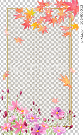 秋の縦型フレームデザイン。紅葉の枝とコスモスとワレモコウの水彩イラスト。和柄との構成（ベクター） 106400012