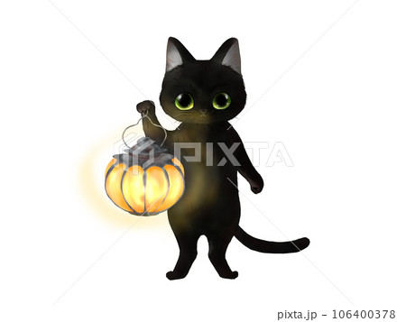 ハロウィンのカボチャのランタンを持つ黒猫のイラスト素材 [106400378