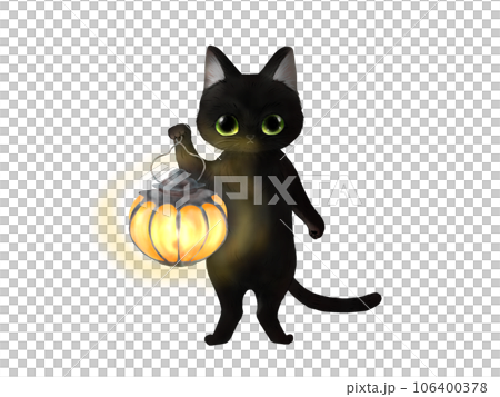 ハロウィンのカボチャのランタンを持つ黒猫のイラスト素材 [106400378